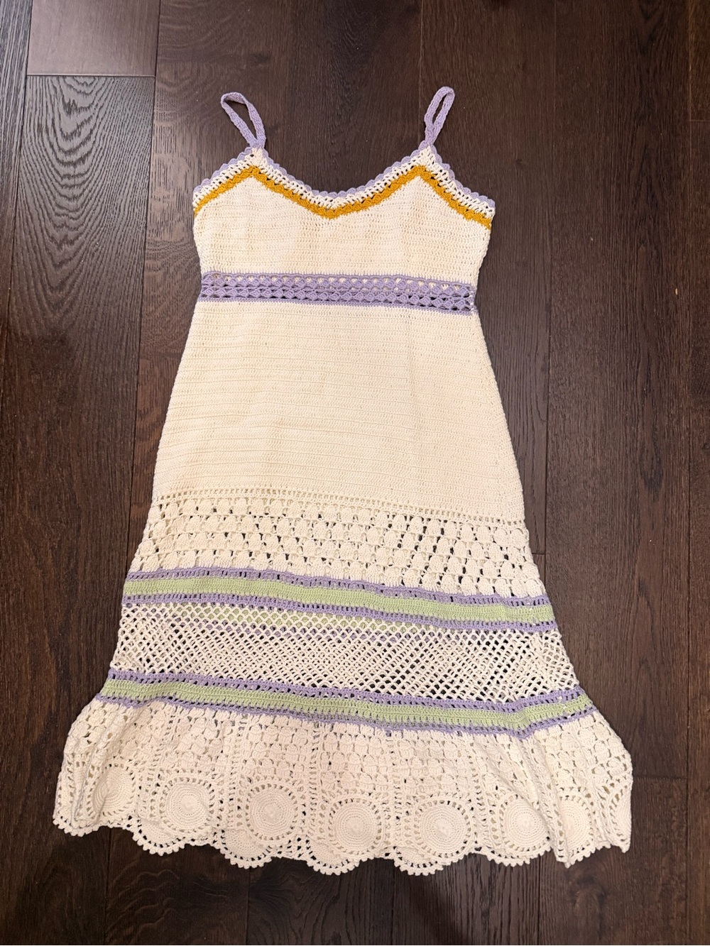 Roller Rabbit Cream Crochet Sundress with Lavender & Yellow Trim